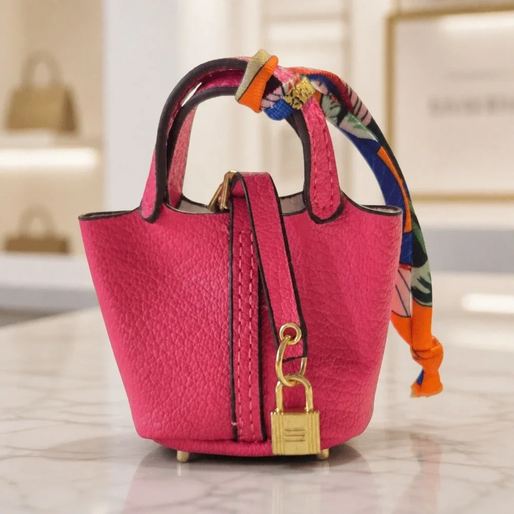 Pink Vegan Leather Mini Bucket Bag Charm With Lock And Scarf Detail